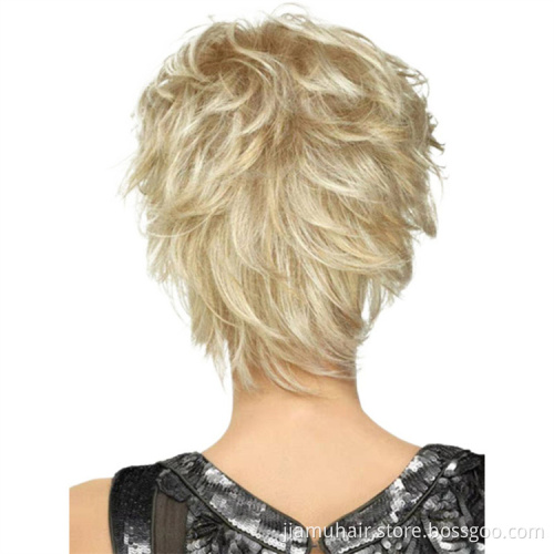 Ombre Brown Blonde Pixie Cut Women's Wig Shaggy Layered Natural Short Straight Synthetic Hair Female Haircut